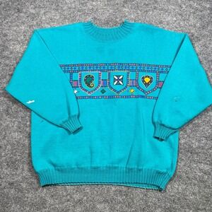 Vintage Pasta Teal Graphic Sweatshirt Womens Large Geometric Shield Pullover